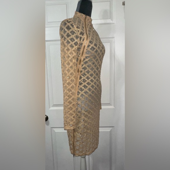 Elegant clear gem studded Long Sleeve shear Dress asymmetrical stylish zipper - Picture 6 of 13